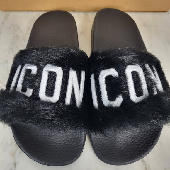 NWB~$825~DSQUARED2~8/8.5~ICON BLACK WHITE GENUINE RABBIT FUR SANDALS SLIDES - Picture 4 of 16